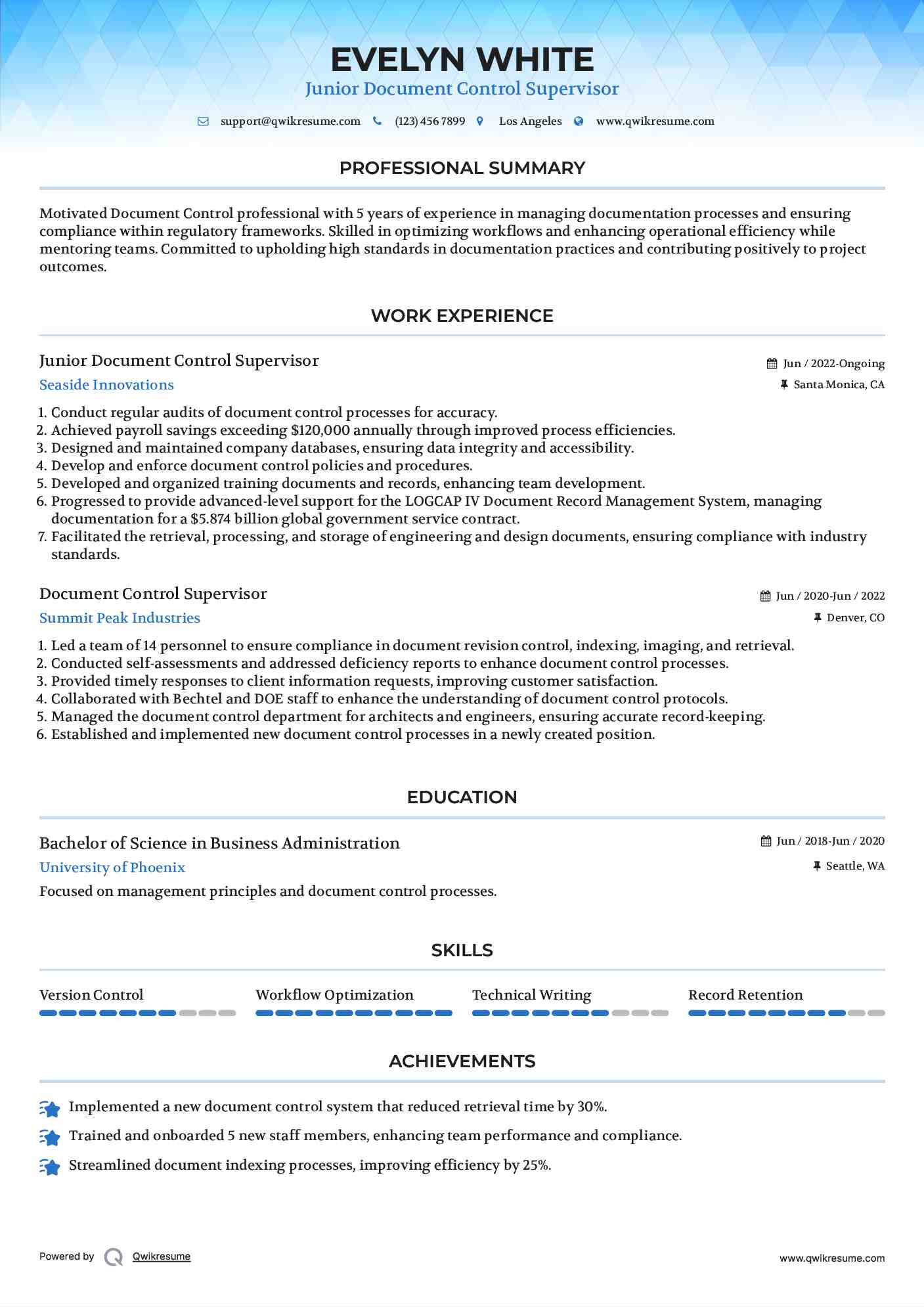 Junior Document Control Supervisor Resume Example