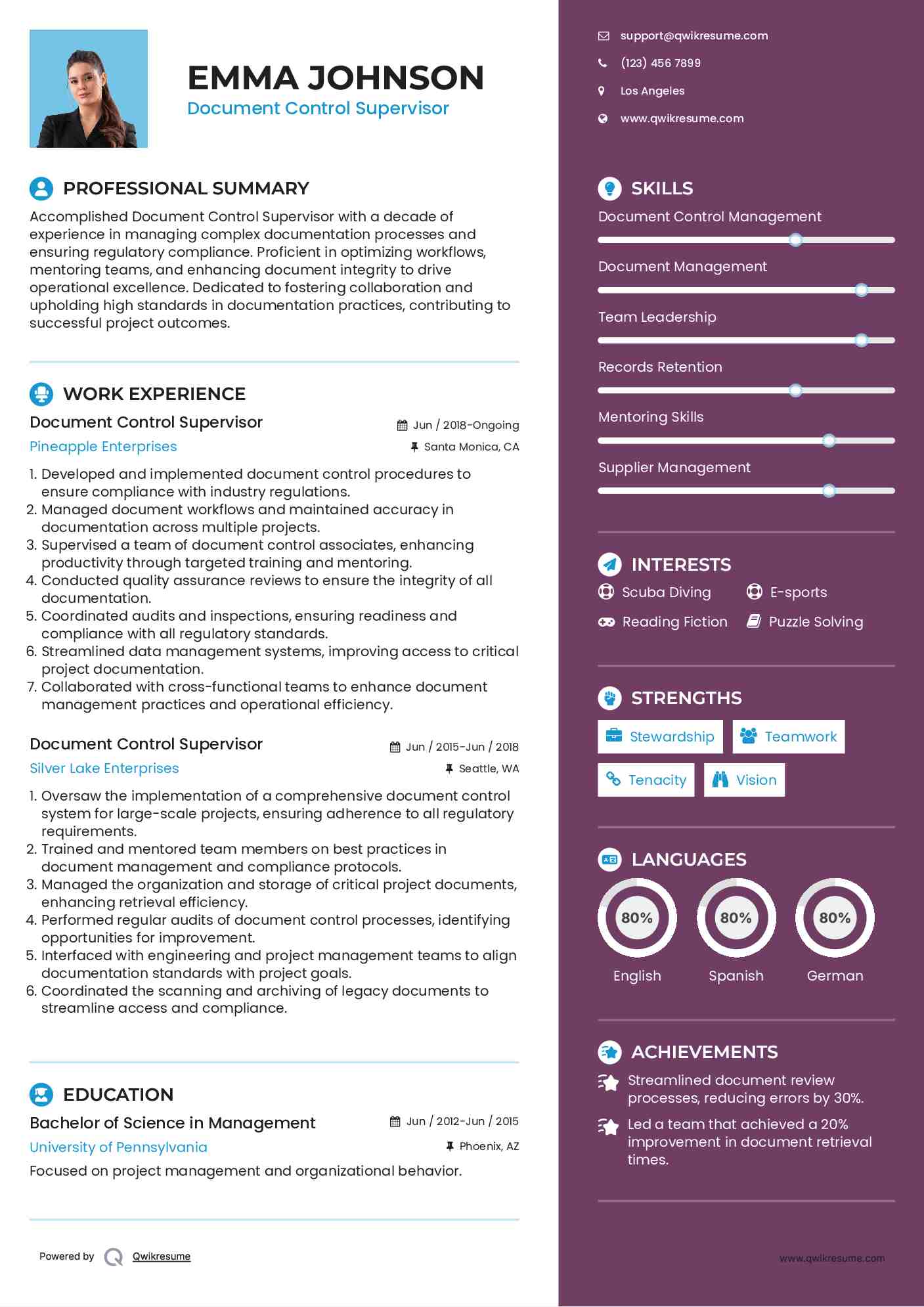 Document Control Supervisor Resume Sample