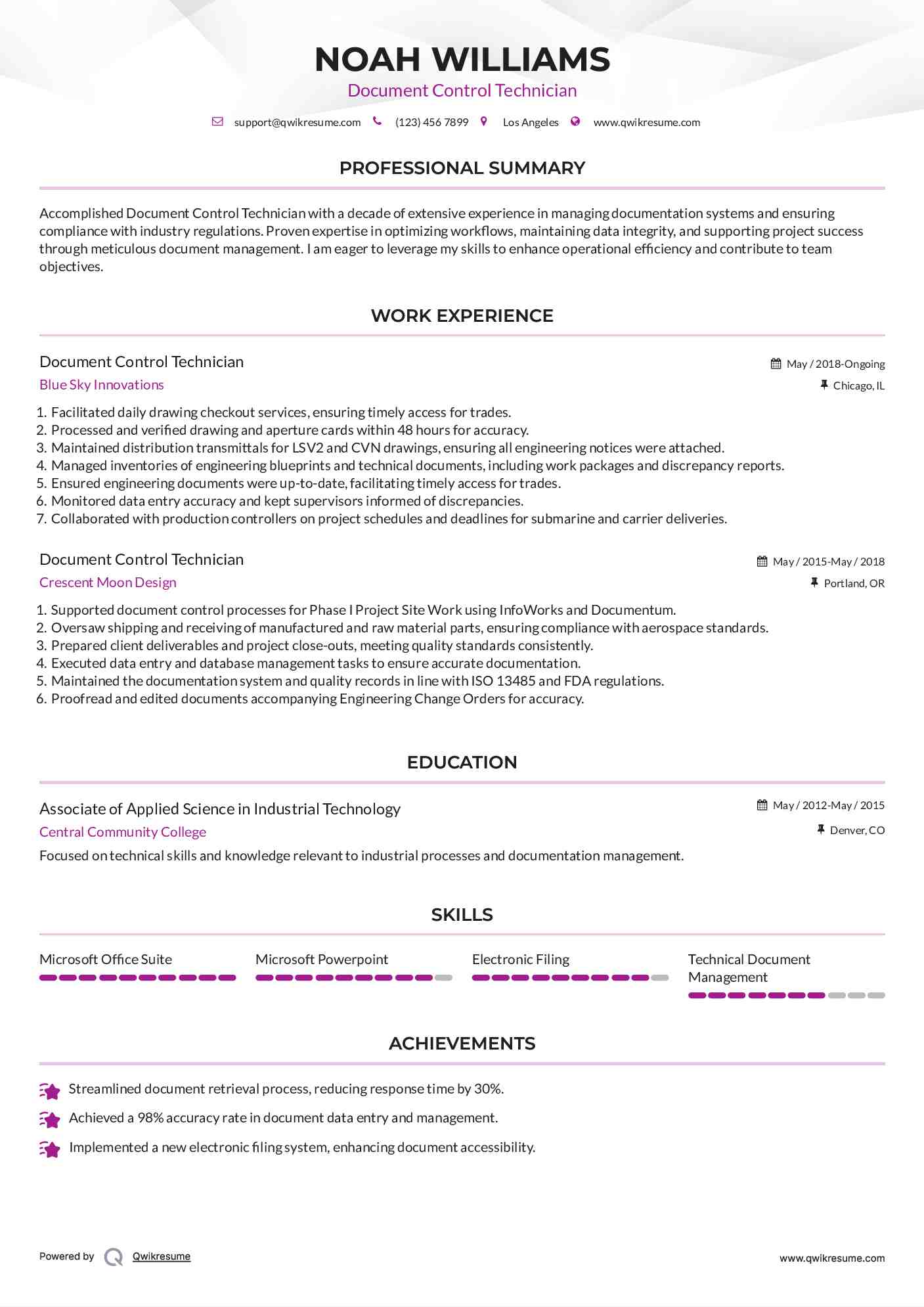 Document Control Technician Resume Template