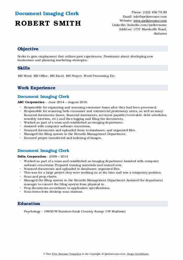 Document Imaging Clerk Resume Samples QwikResume