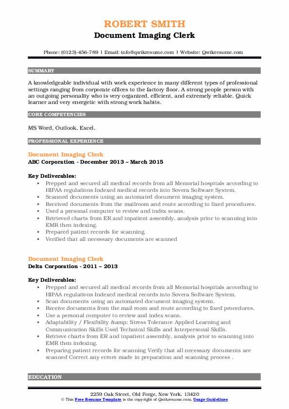 Document Imaging Clerk Resume Samples QwikResume