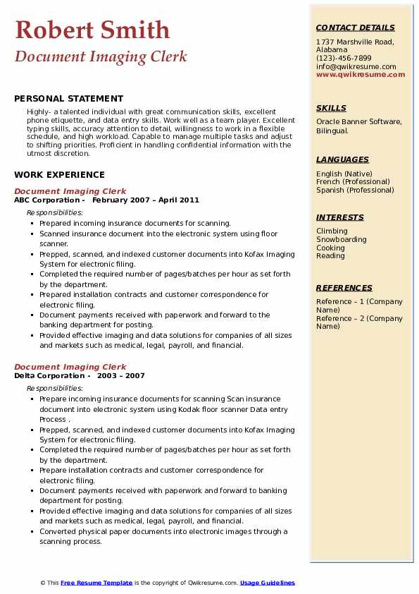 Document Imaging Clerk Resume Samples QwikResume