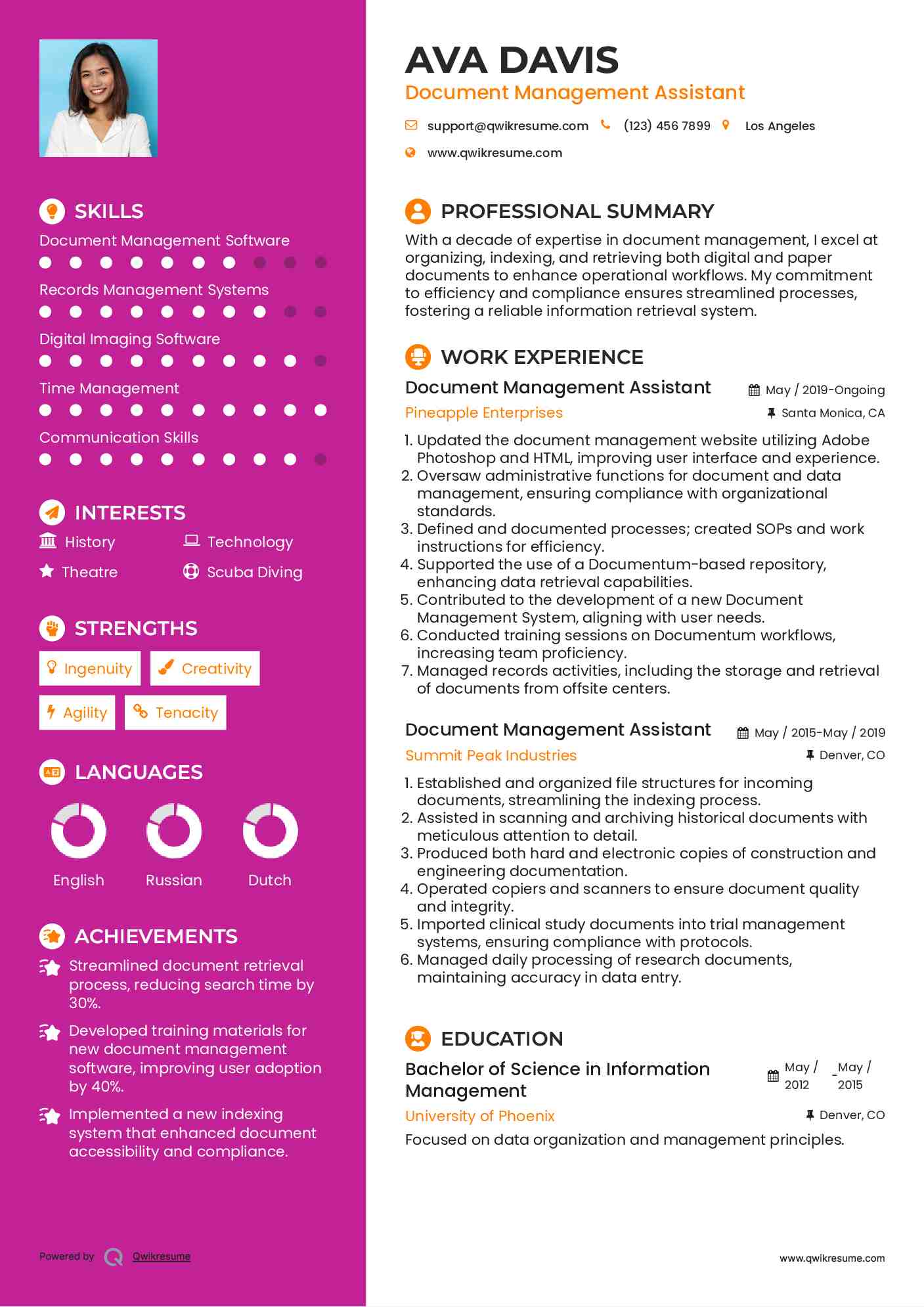 Document Management Assistant Resume Template