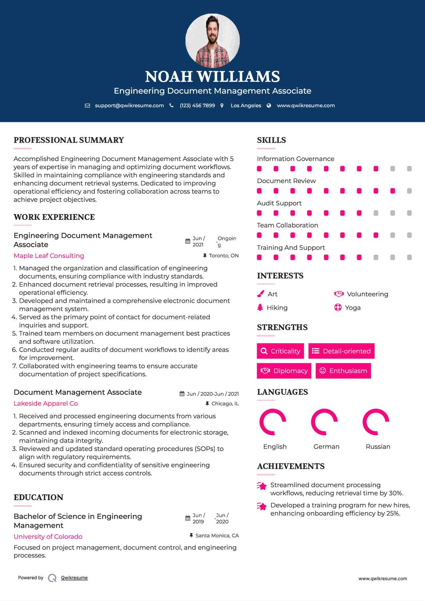 Engineering Document Management Associate Resume Sample