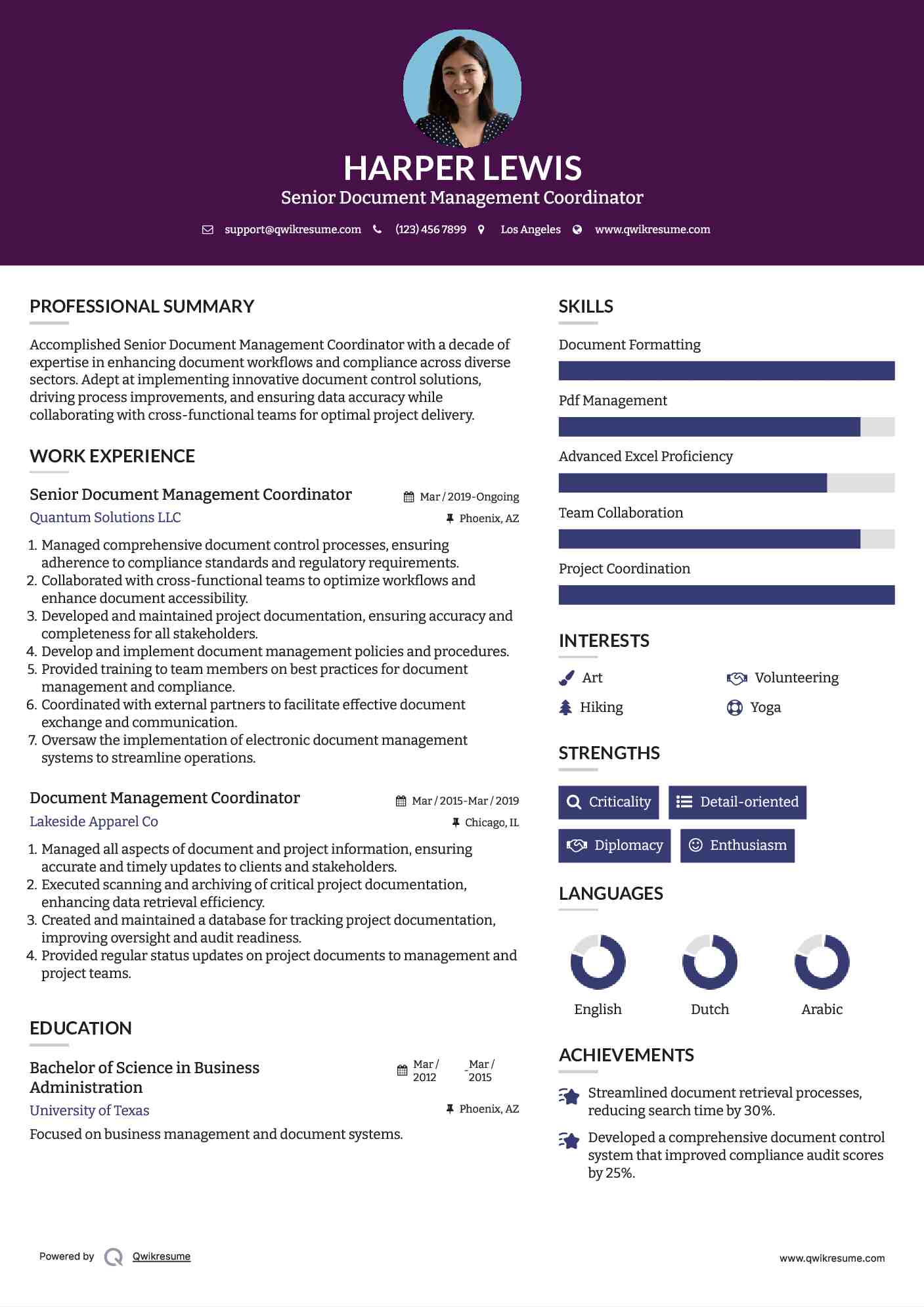 Senior Document Management Coordinator Resume Template