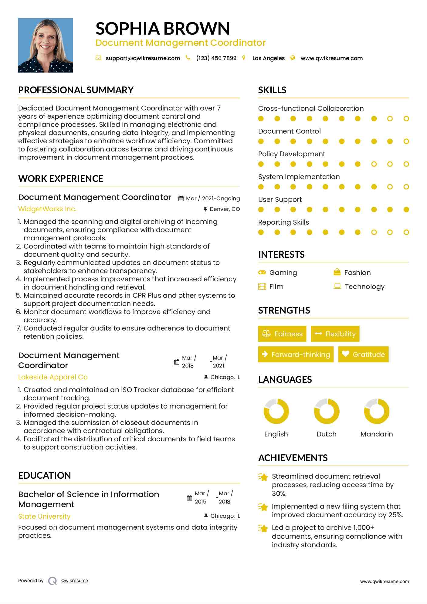 Document Management Coordinator Resume Sample