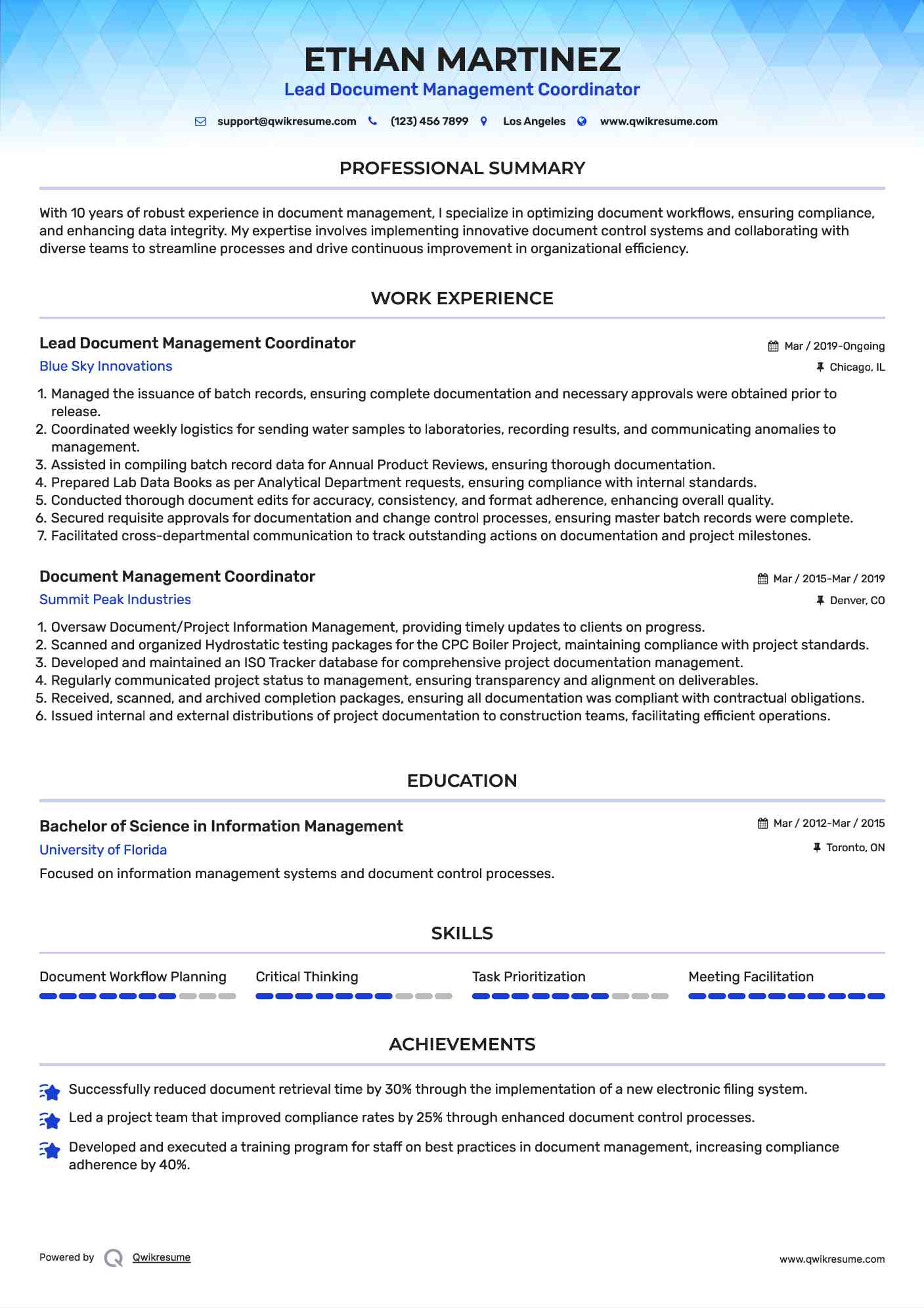 Lead Document Management Coordinator Resume Format