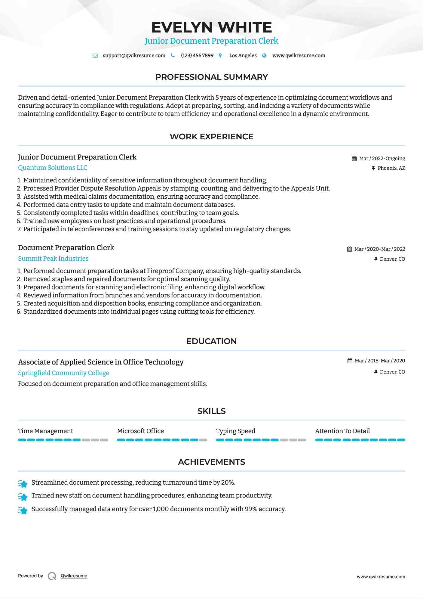 Junior Document Preparation Clerk Resume Example