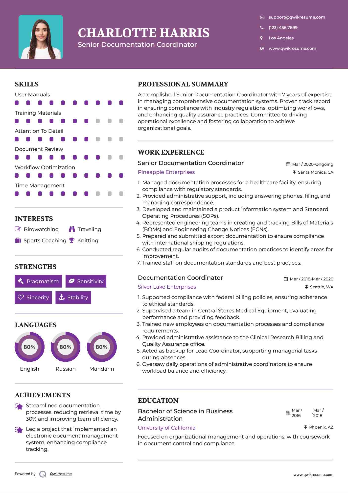 Senior Documentation Coordinator Resume Sample