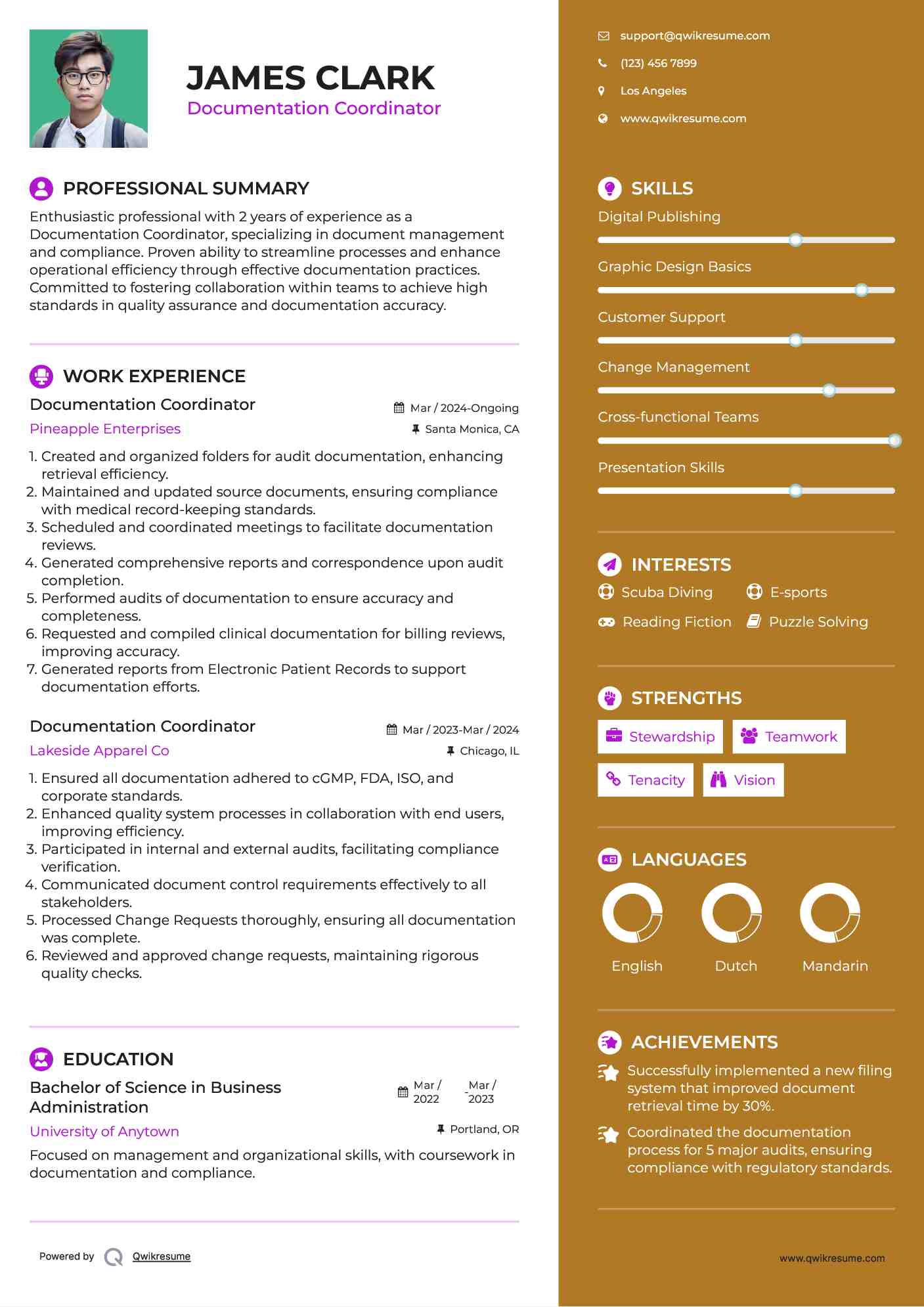 Documentation Coordinator Resume Template
