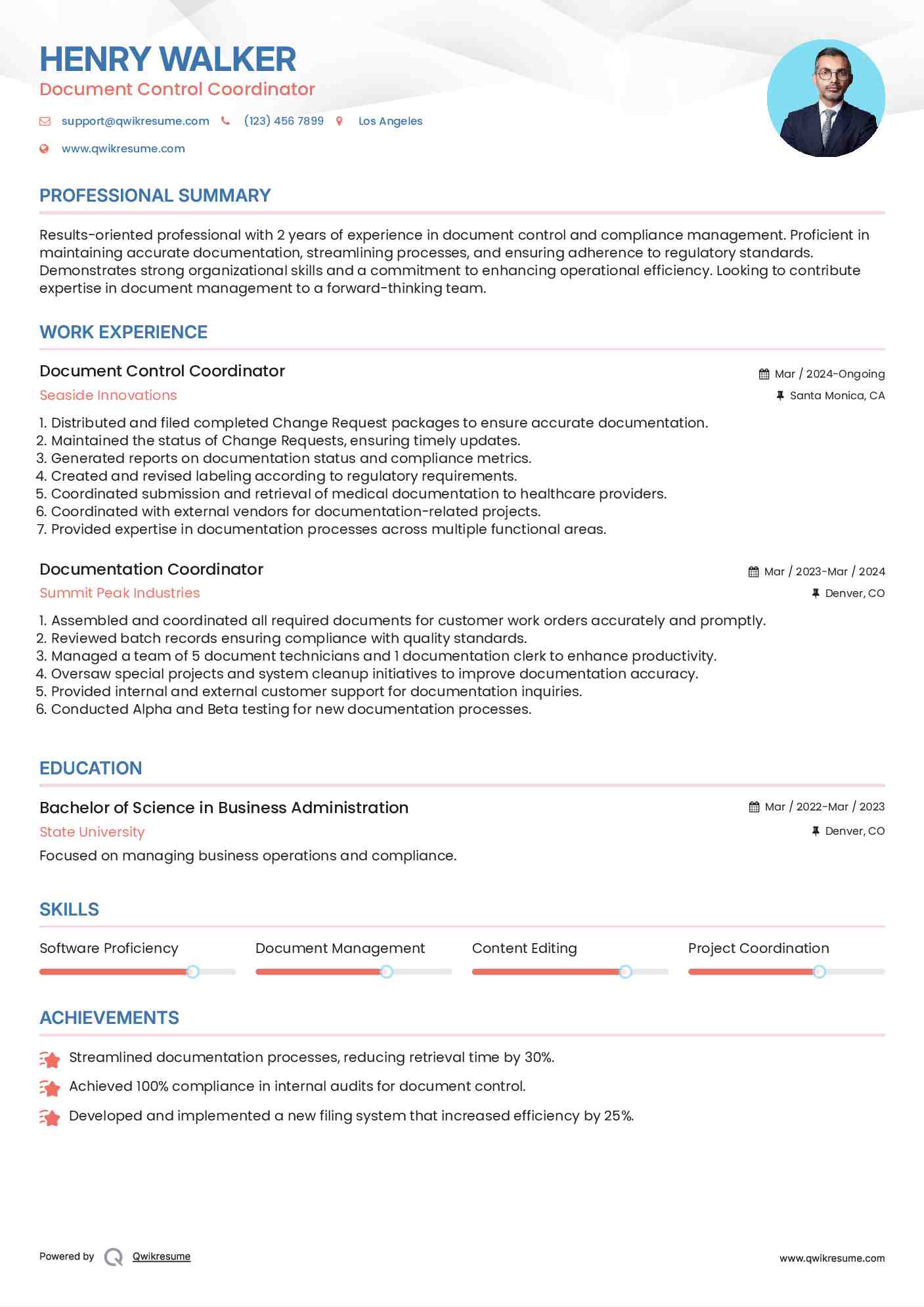 Document Control Coordinator
 Resume Example