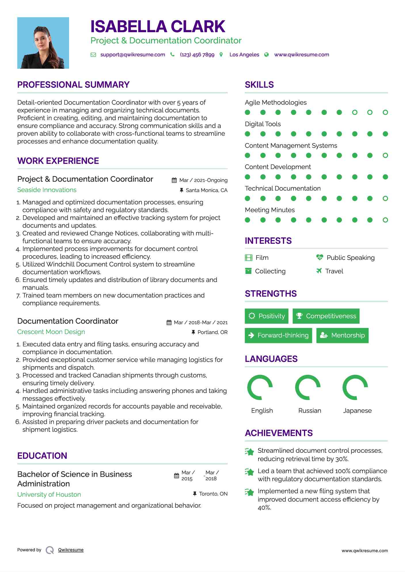Project & Documentation Coordinator
 Resume Sample