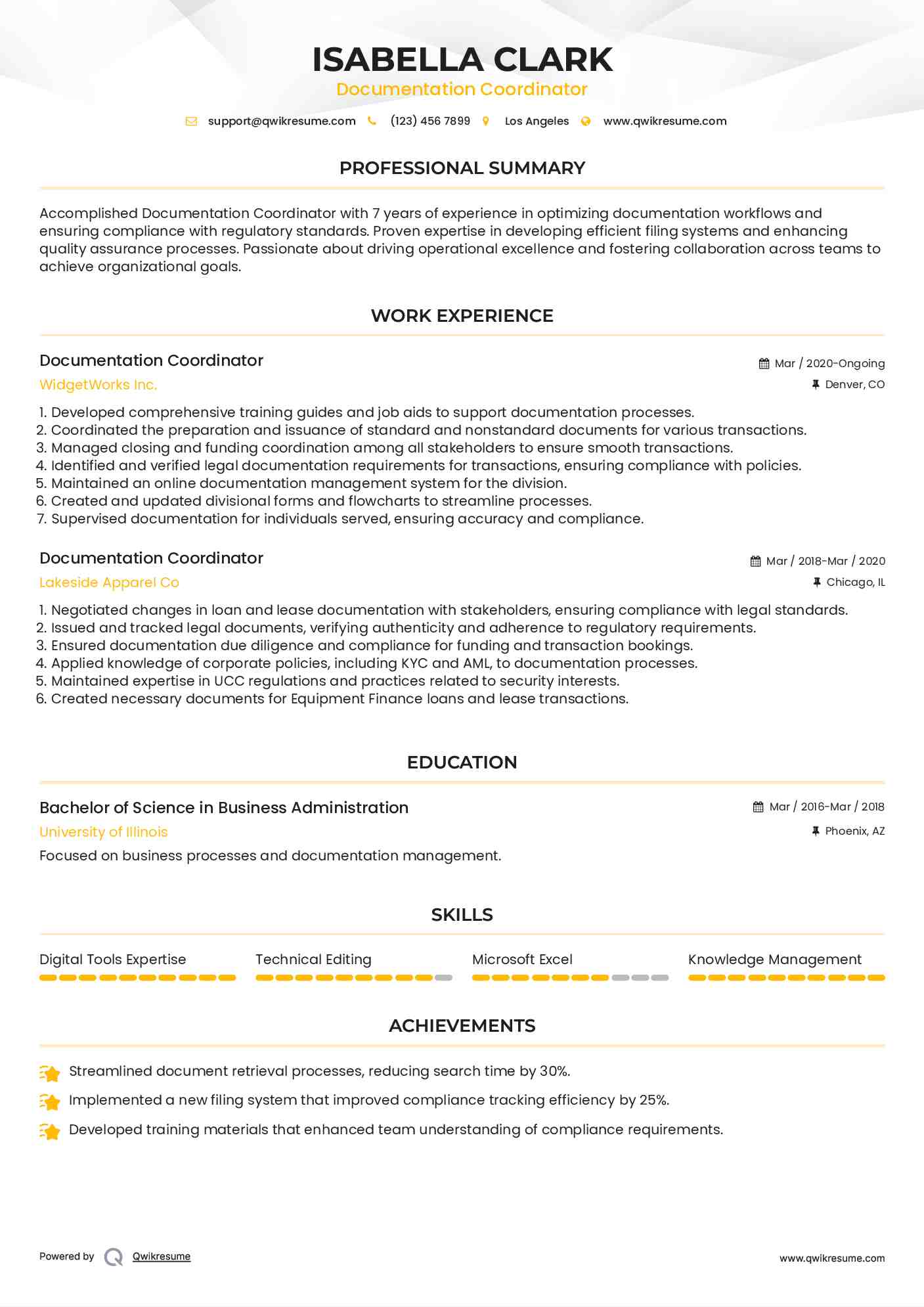 Documentation Coordinator Resume Sample