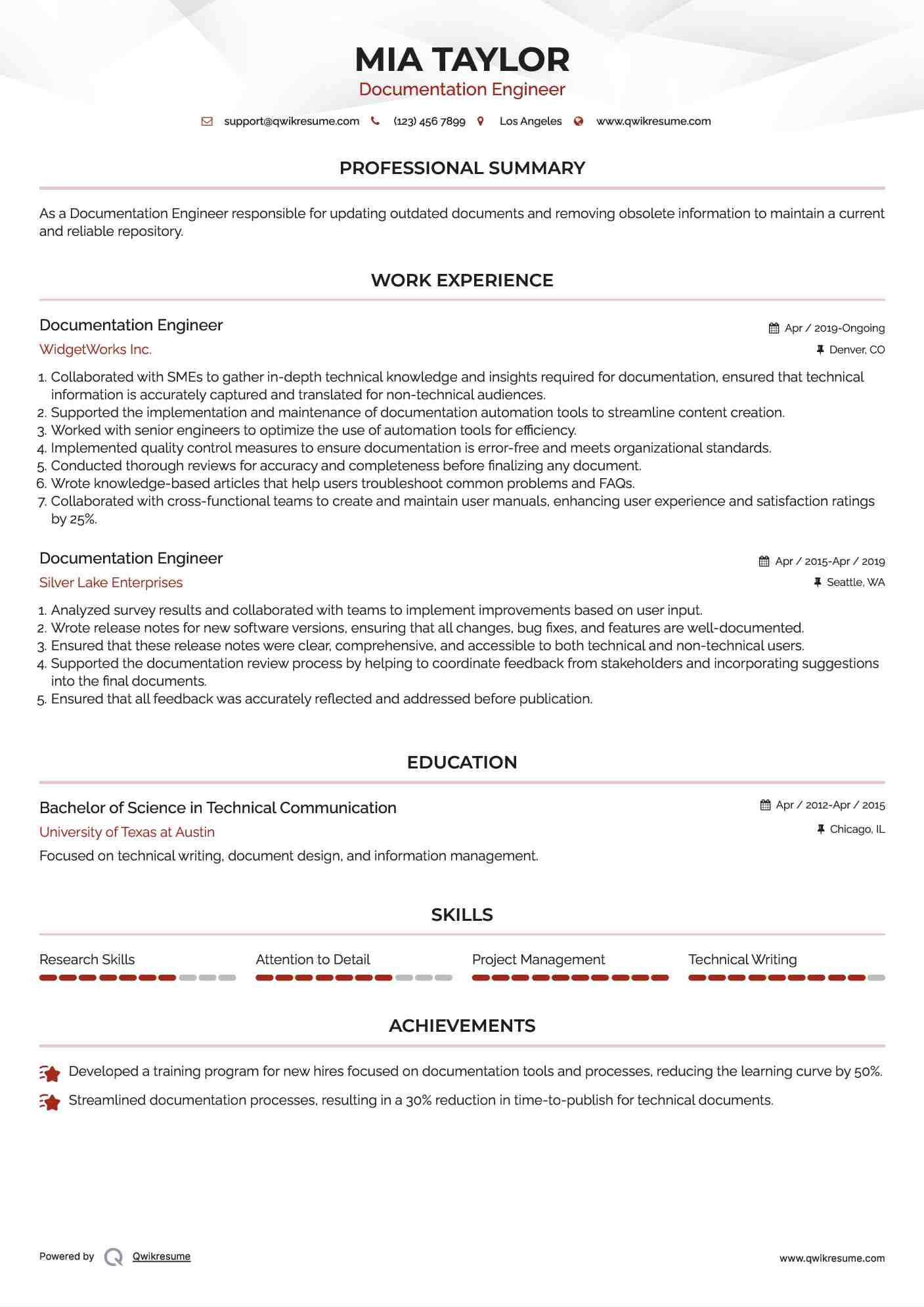 Documentation Engineer Resume Example