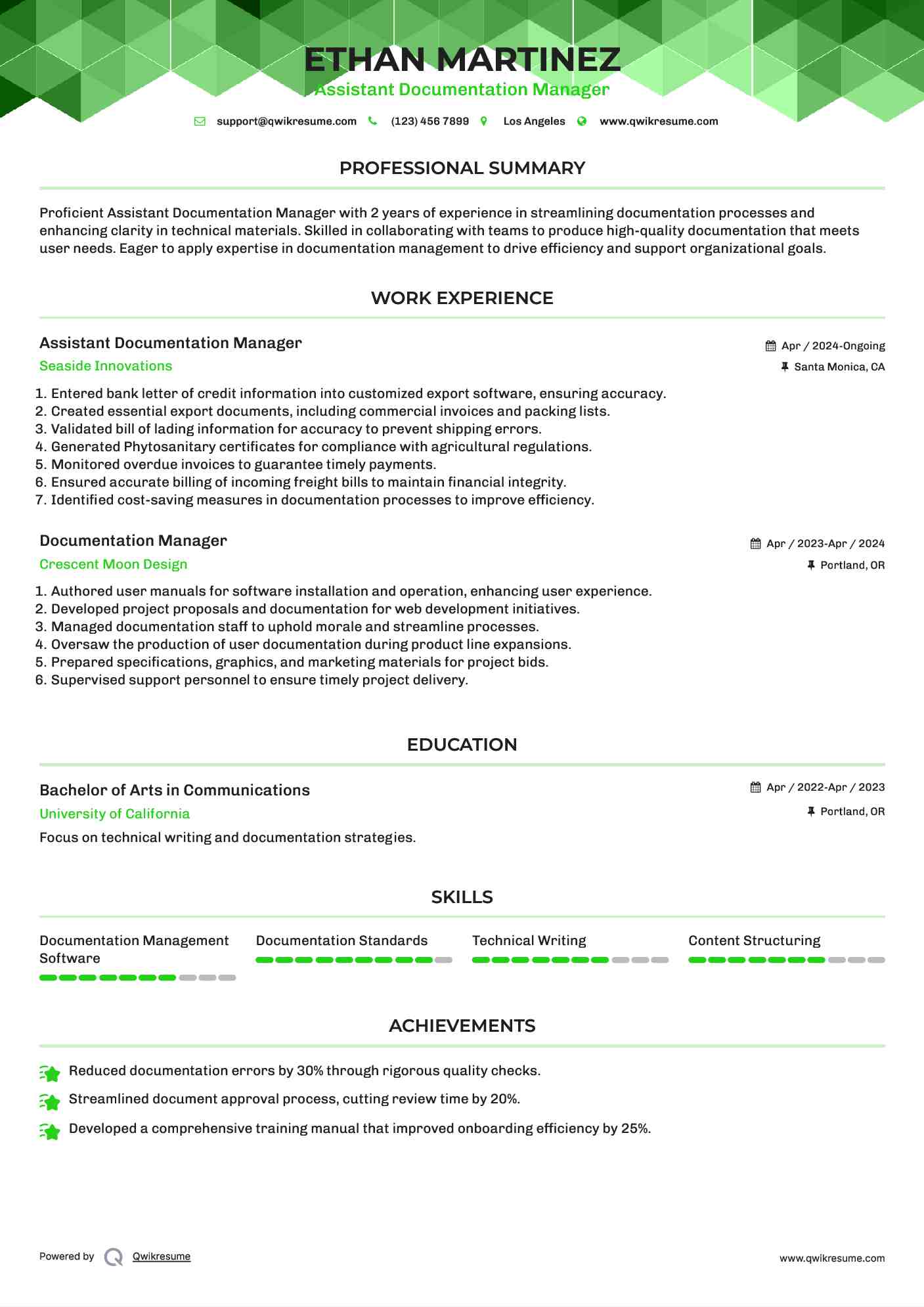 Assistant Documentation Manager  Resume Sample