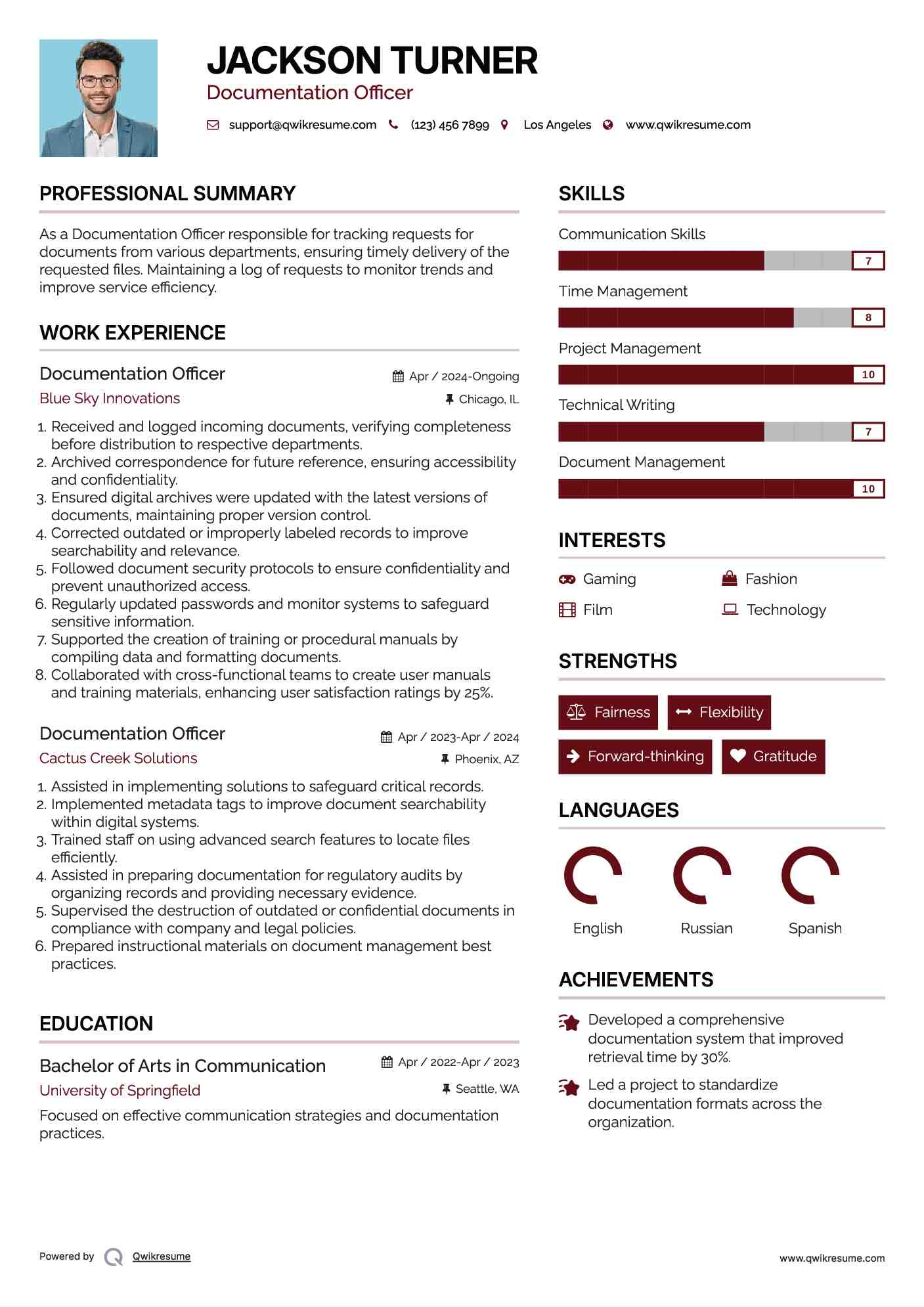 Documentation Officer Resume Sample