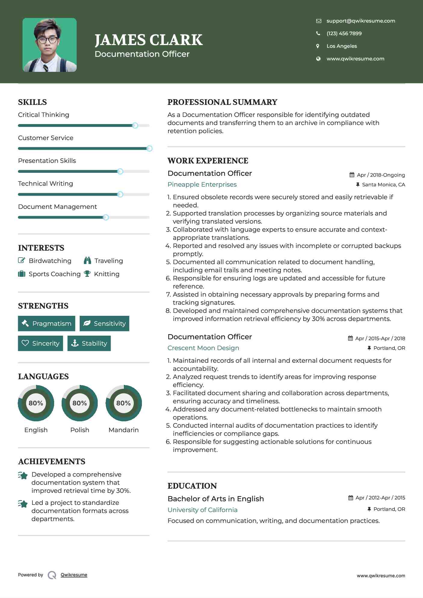 Documentation Officer Resume Example