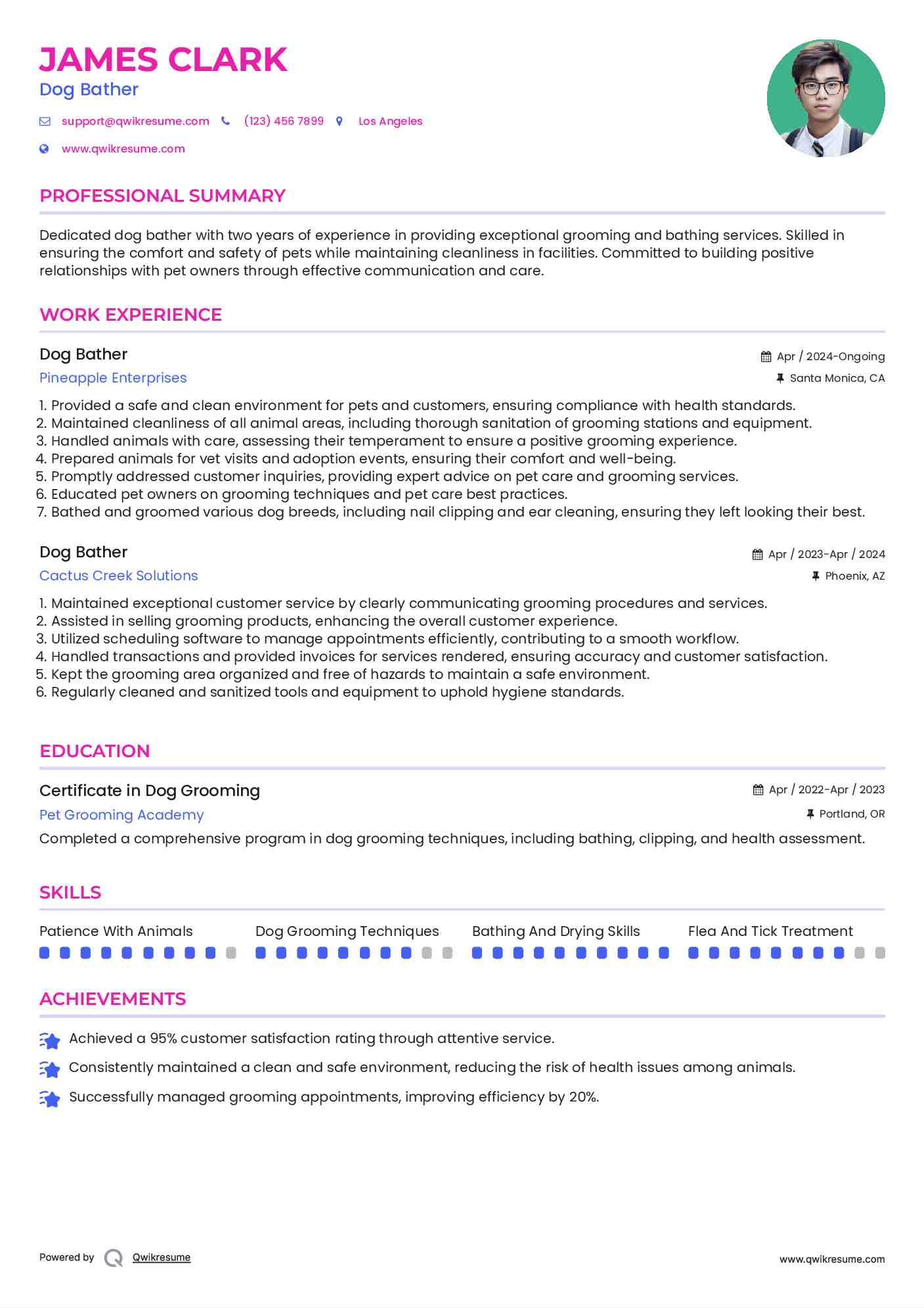 Dog Bather Resume Samples QwikResume