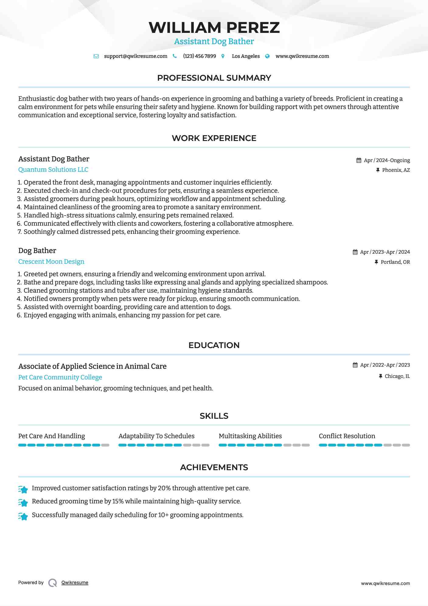 Dog Bather Resume Samples QwikResume