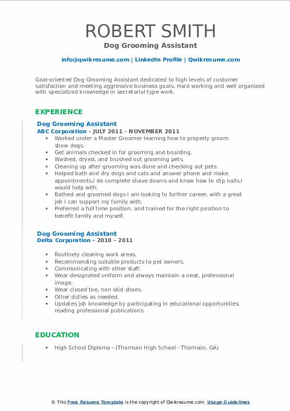 Dog Grooming Assistant Resume Samples QwikResume