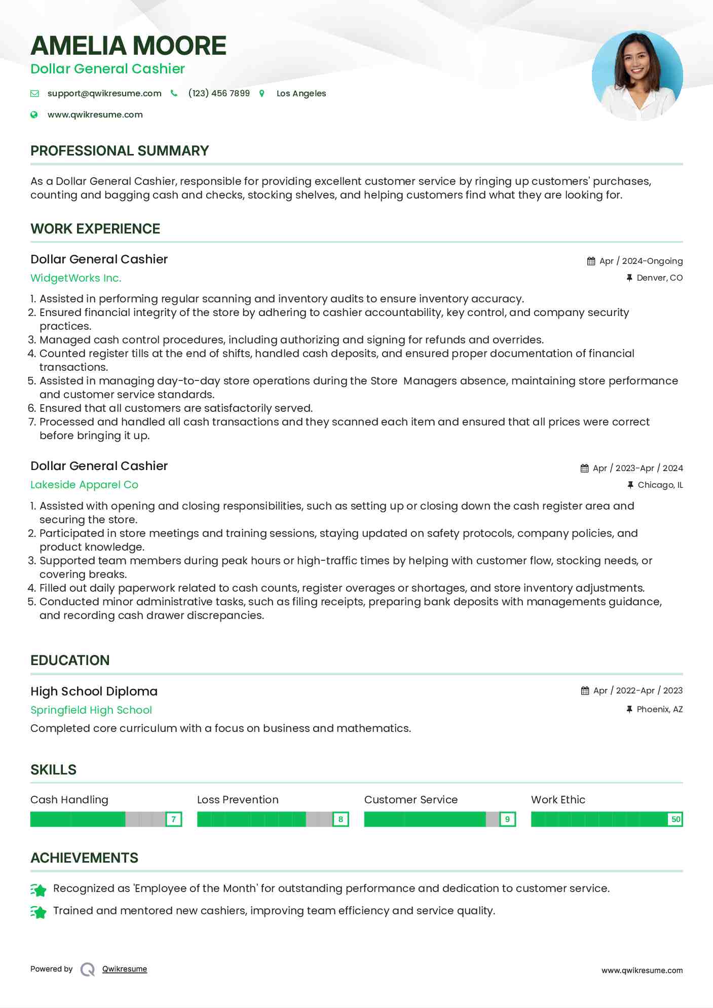 Dollar General Cashier Resume Example