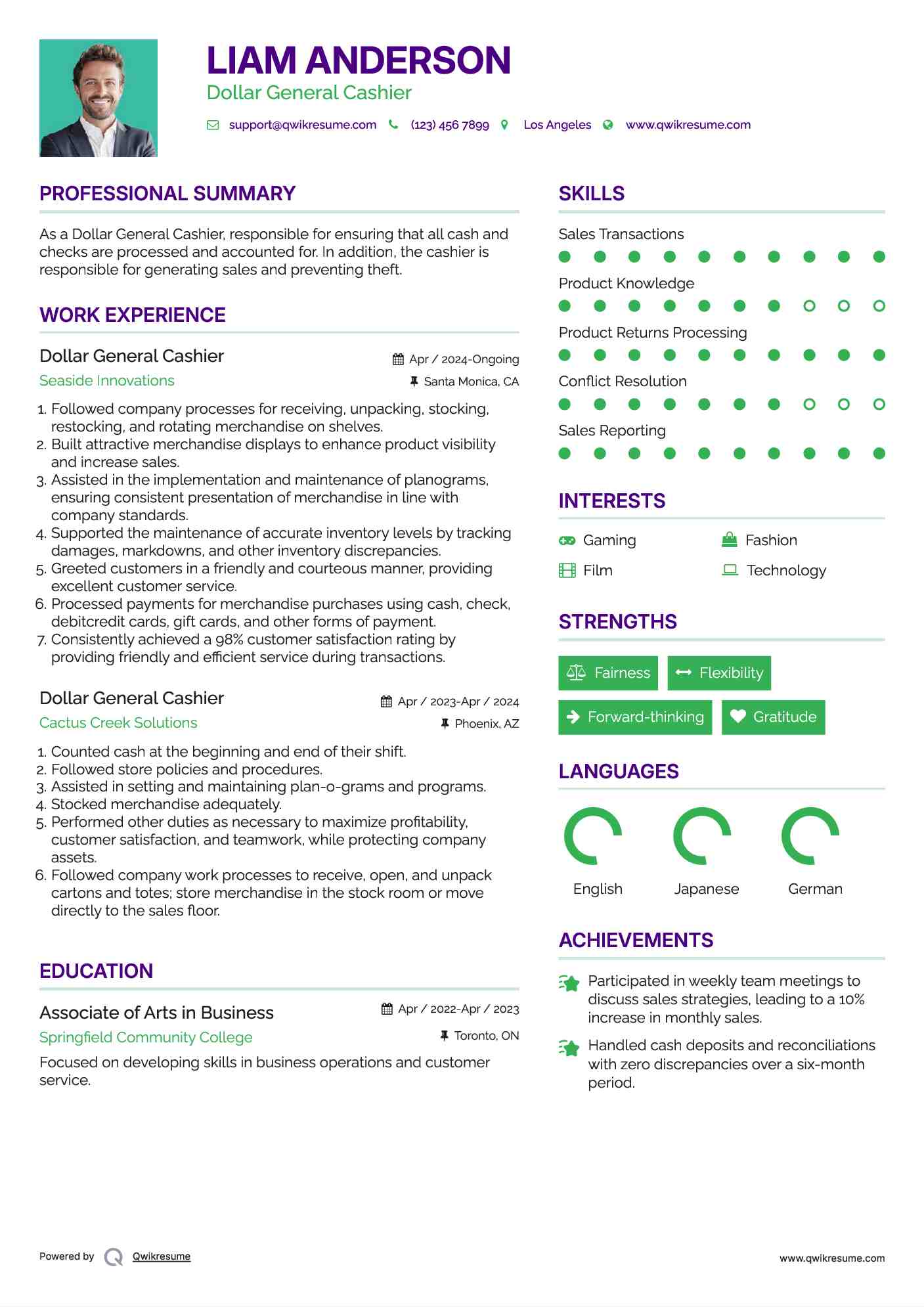 Dollar General Cashier Resume Model