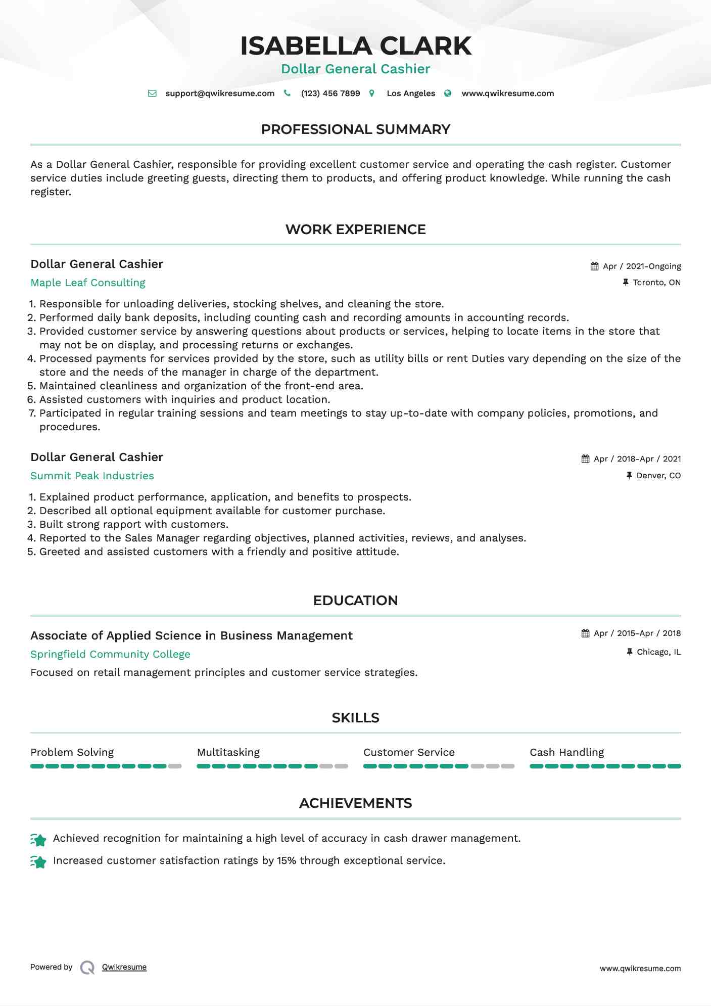 Dollar General Cashier Resume Template