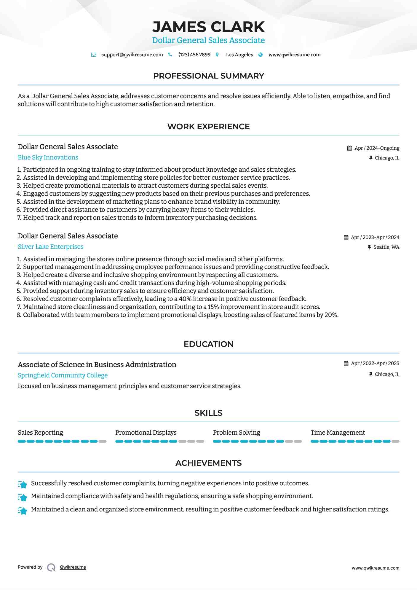 Dollar General Sales Associate Resume Example