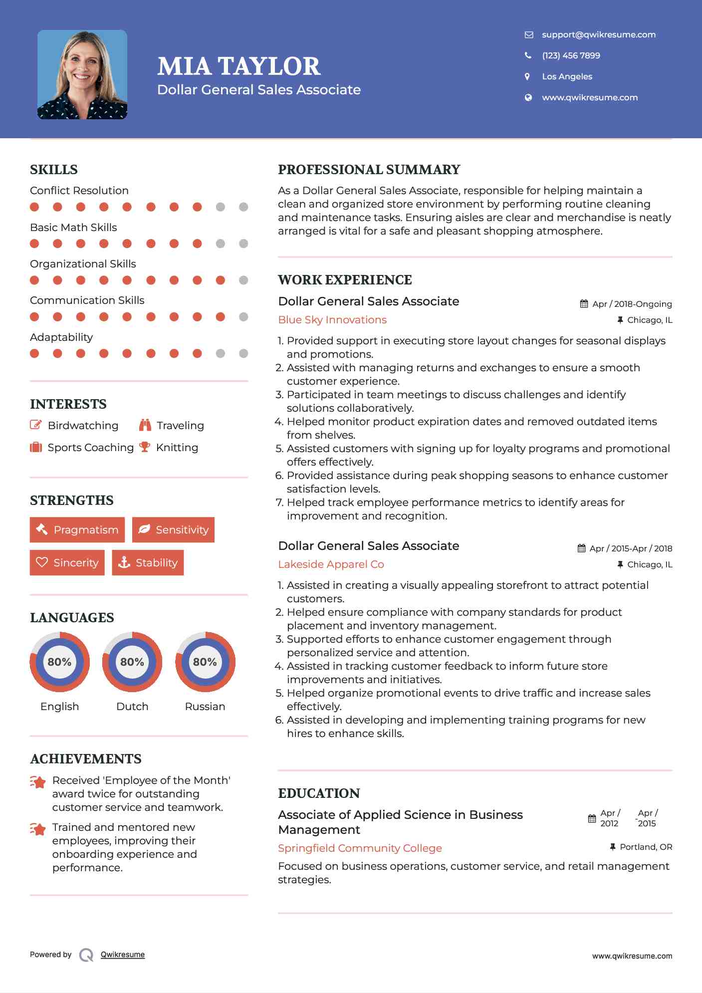 Dollar General Sales Associate Resume Model