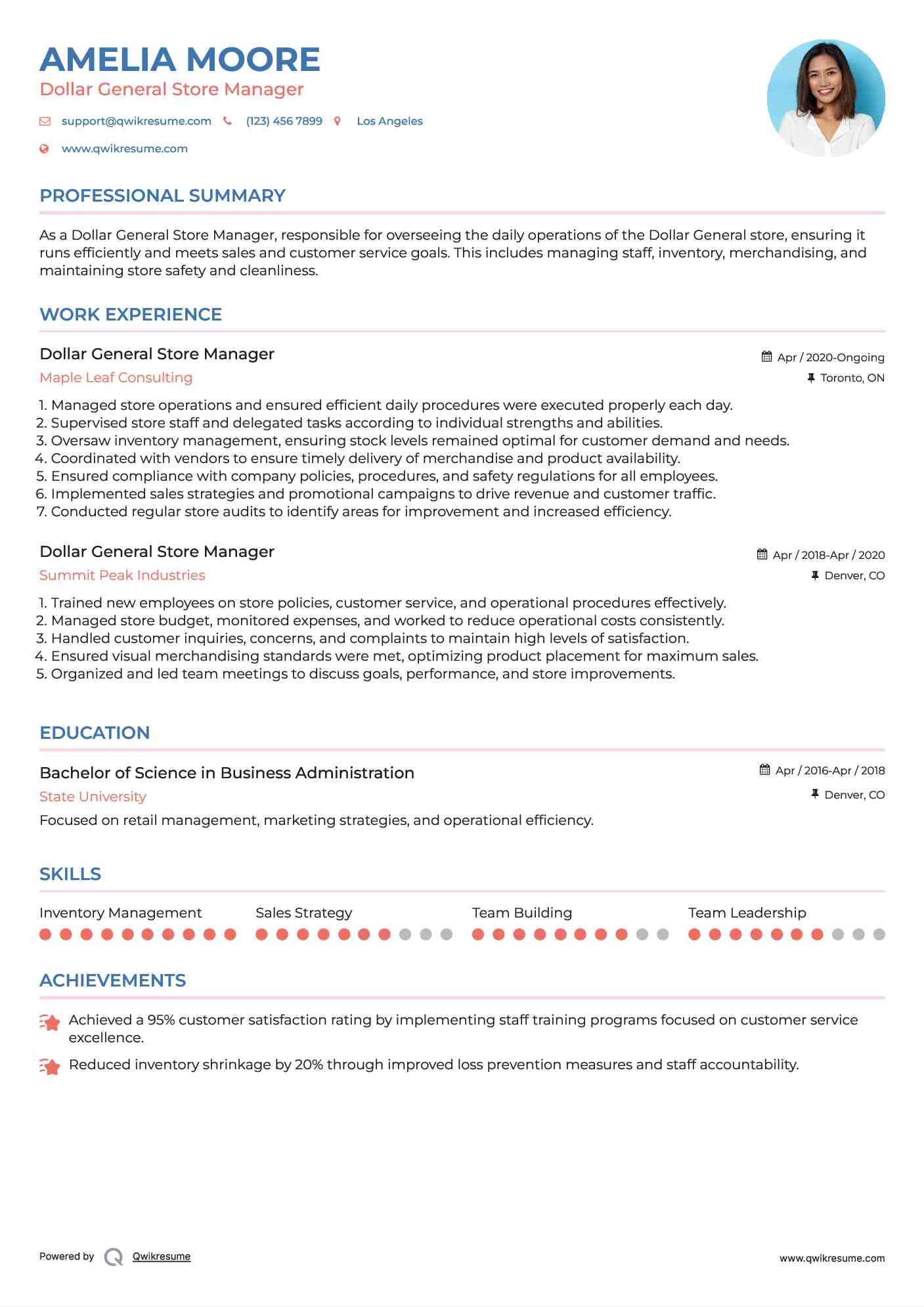 Dollar General Store Manager Resume Model