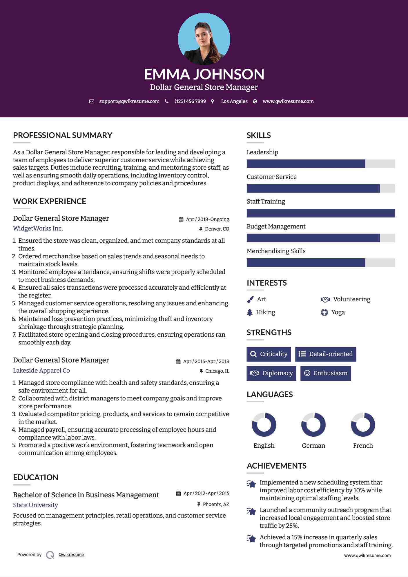 Dollar General Store Manager Resume Example