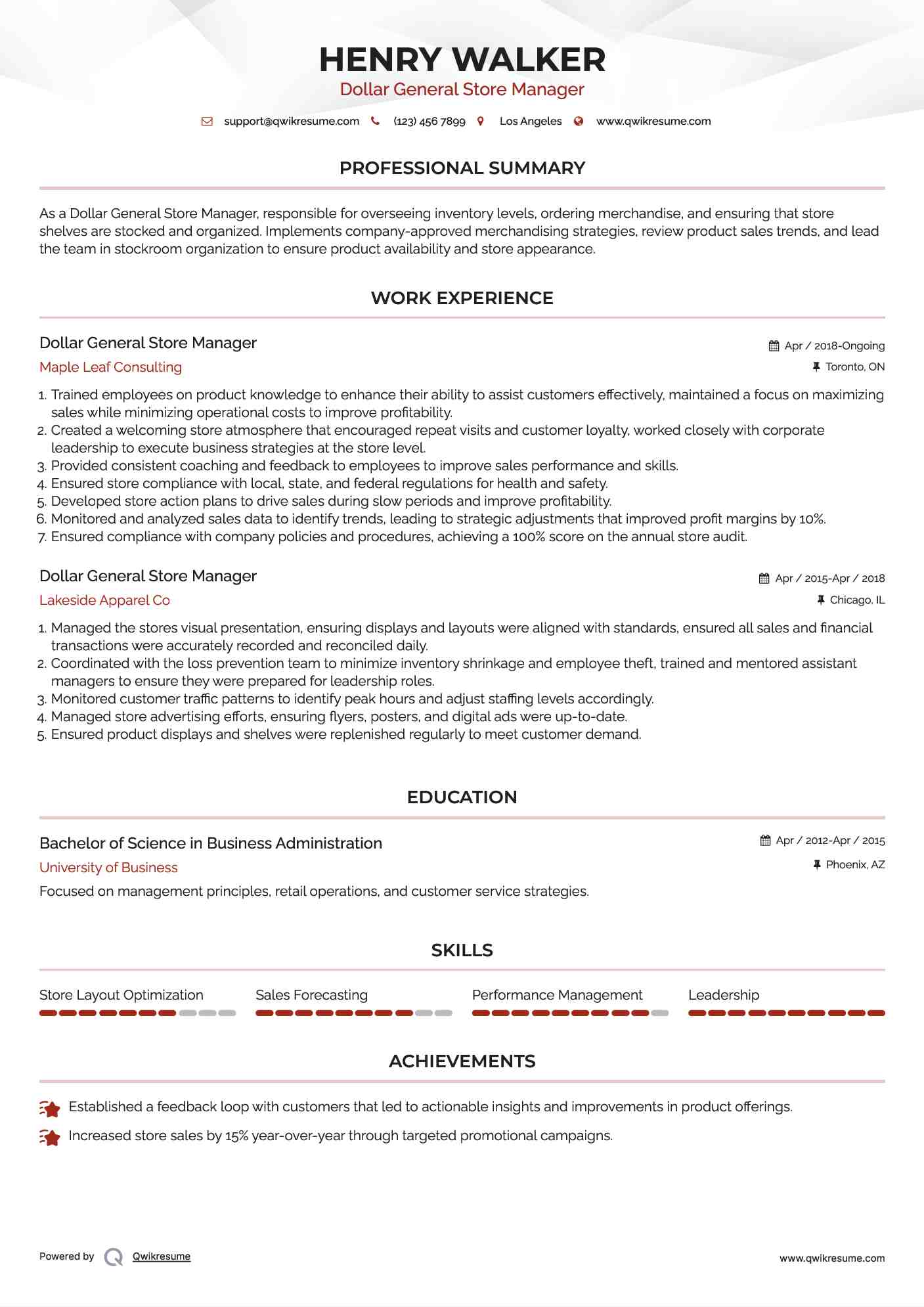 Dollar General Store Manager Resume Template