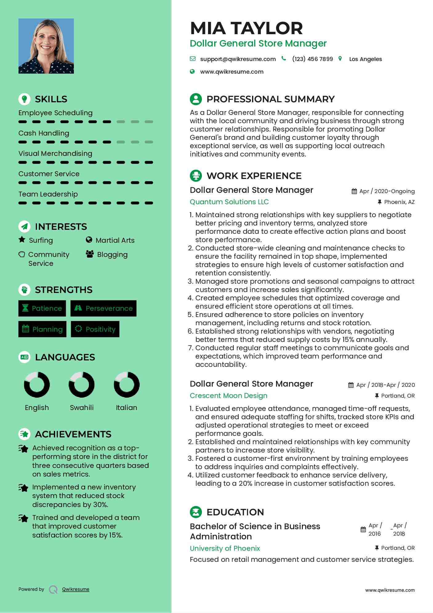 Dollar General Store Manager Resume Sample