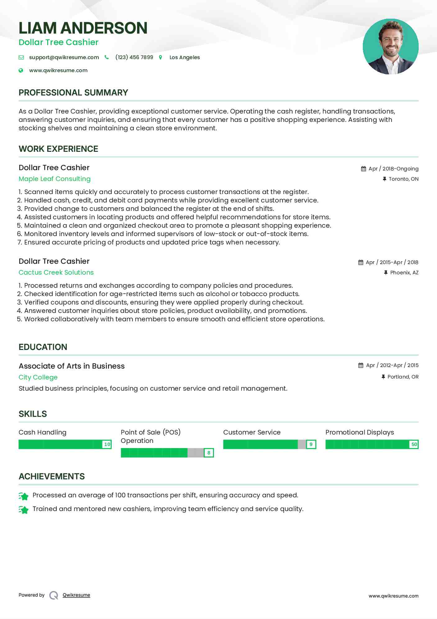 Dollar Tree Cashier Resume Example