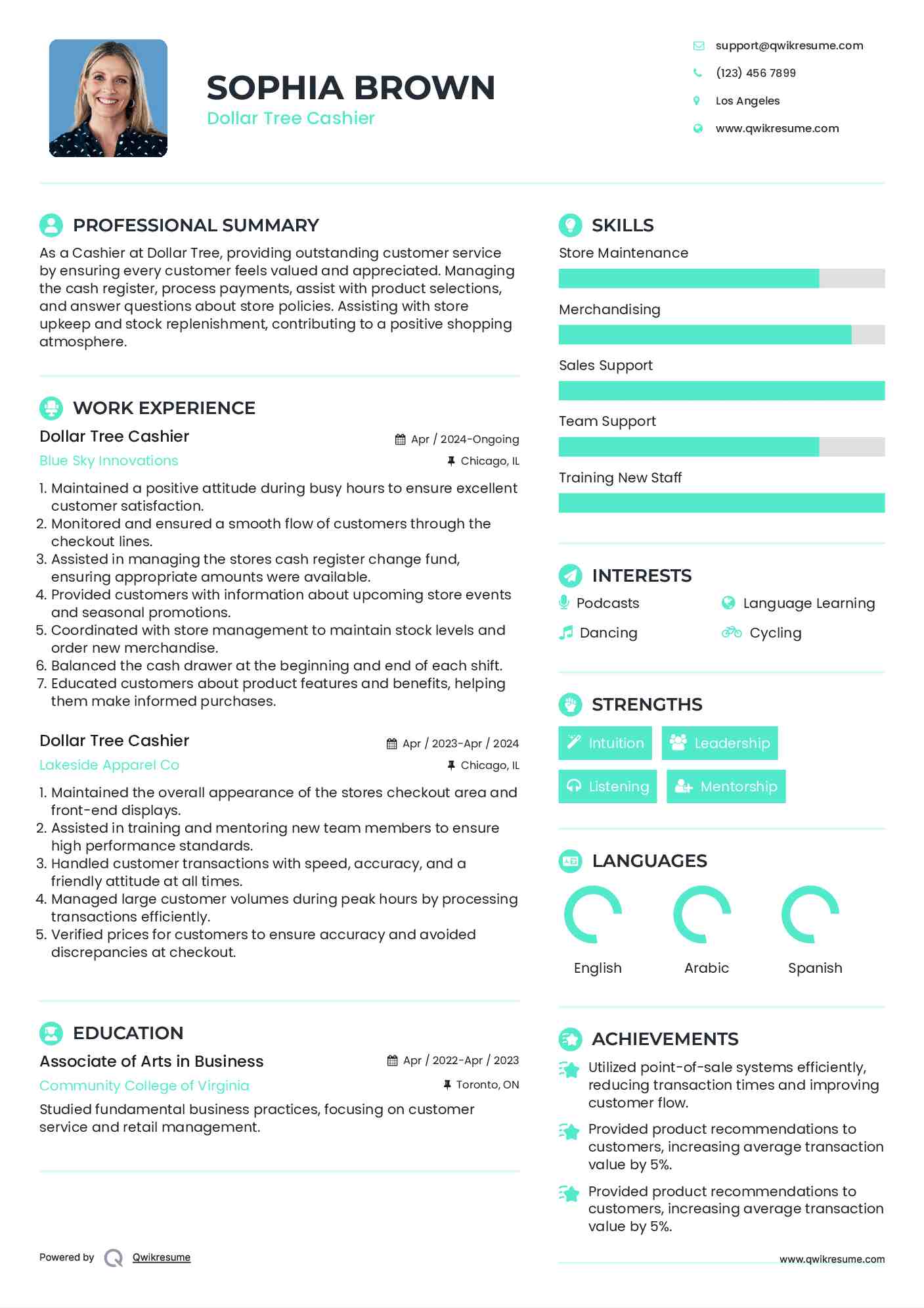 Dollar Tree Cashier Resume Model