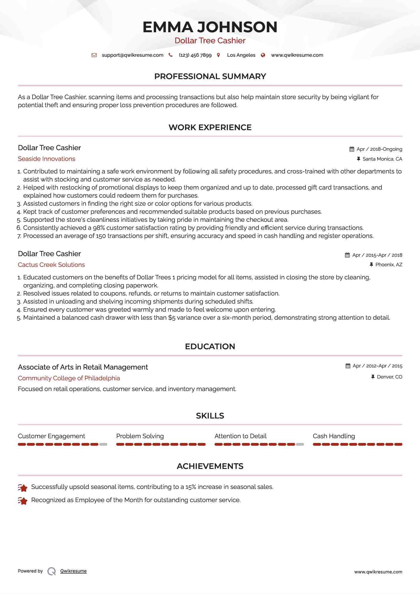 Dollar Tree Cashier Resume Model