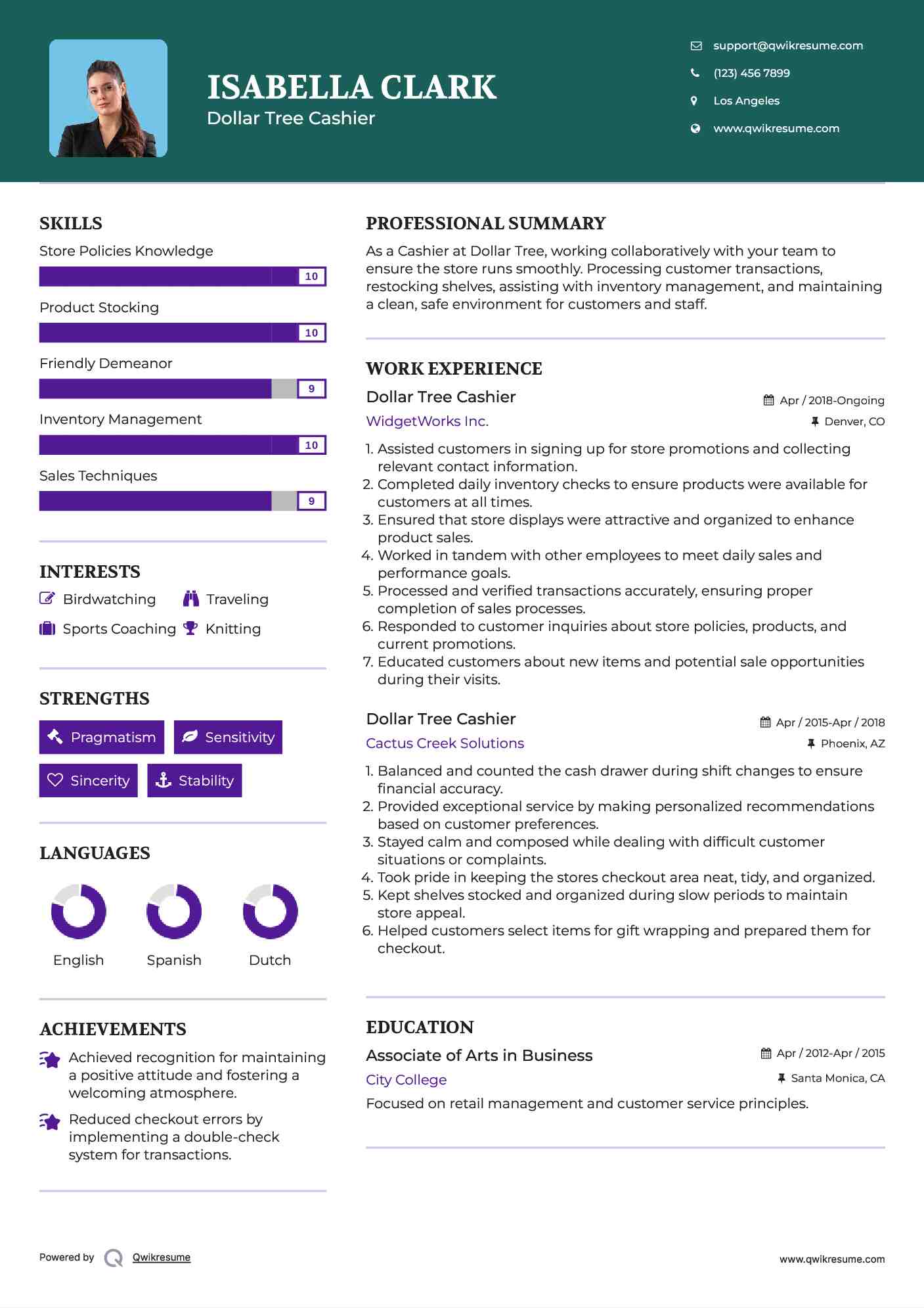 Dollar Tree Cashier Resume Sample