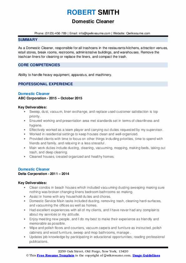 Domestic Cleaner Resume Samples QwikResume
