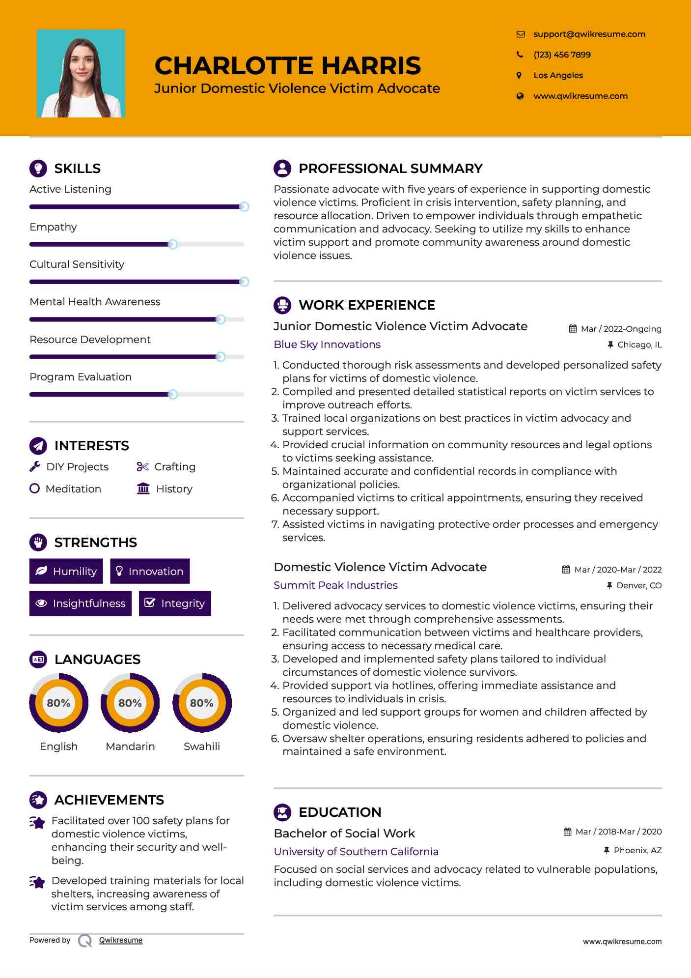 Junior Domestic Violence Victim Advocate Resume Template
