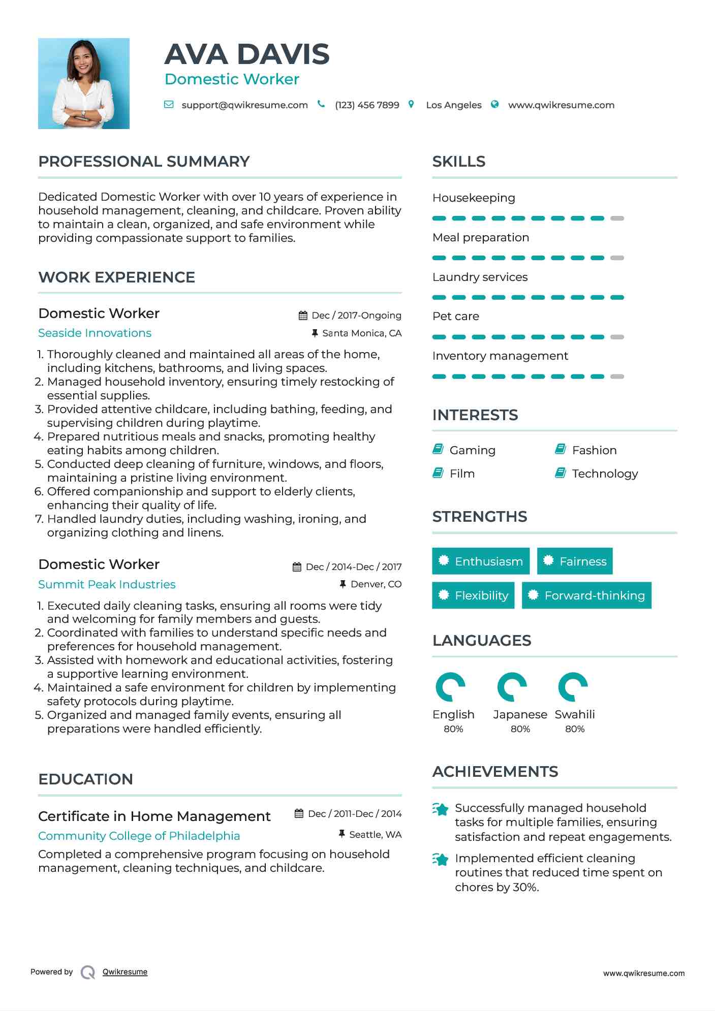 Domestic Worker Resume Format