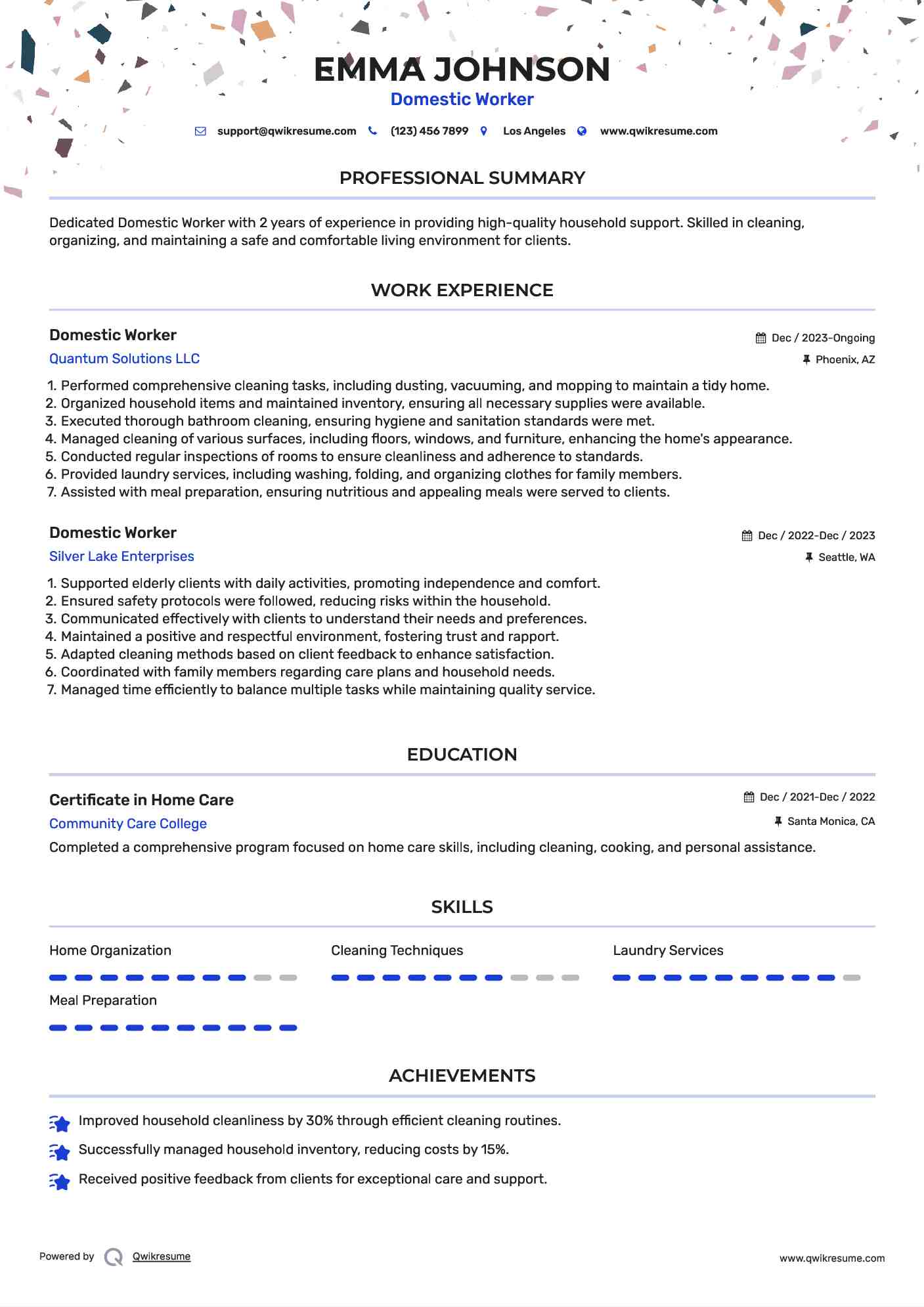 Domestic Worker Resume Model