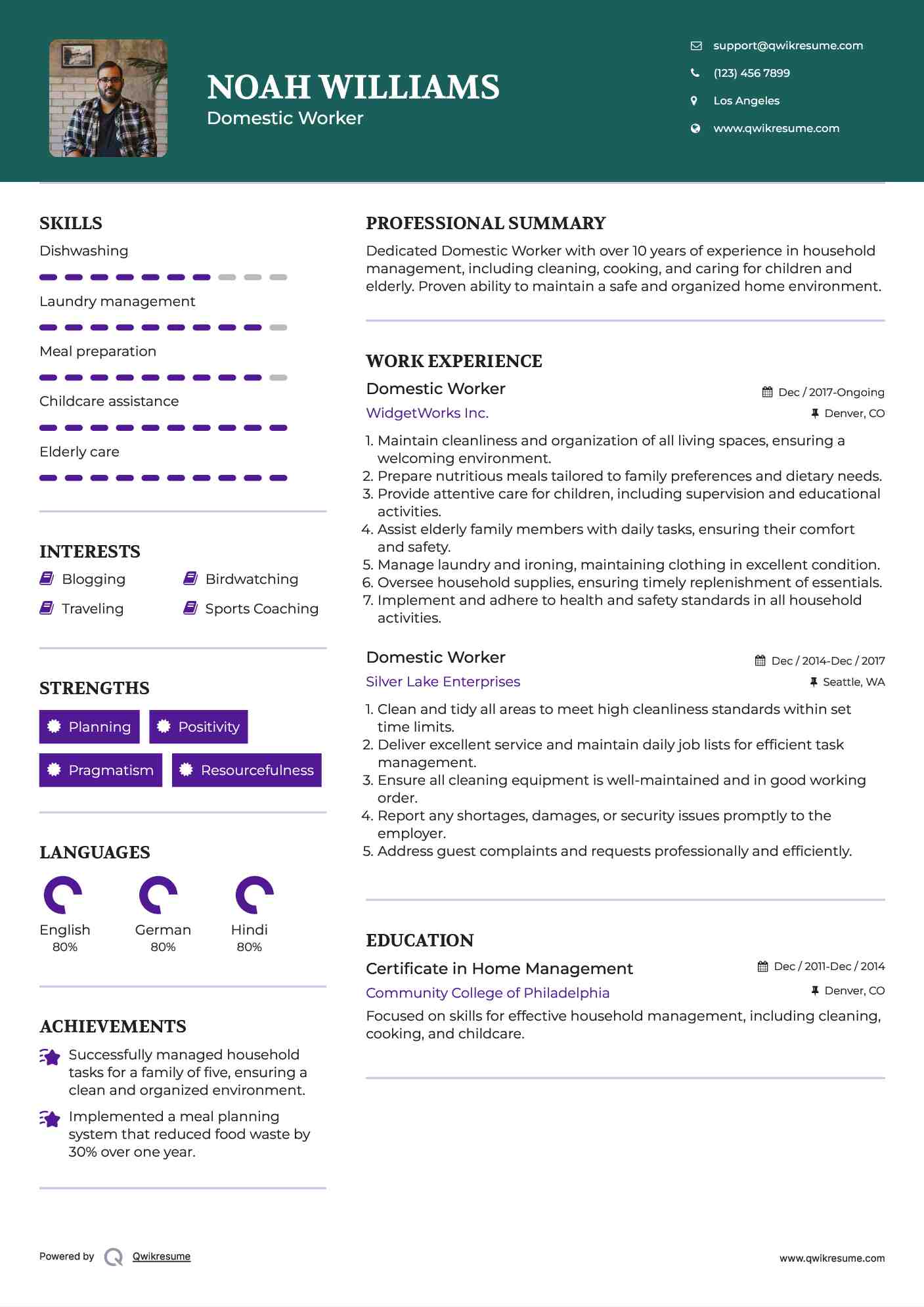 Domestic Worker Resume Example
