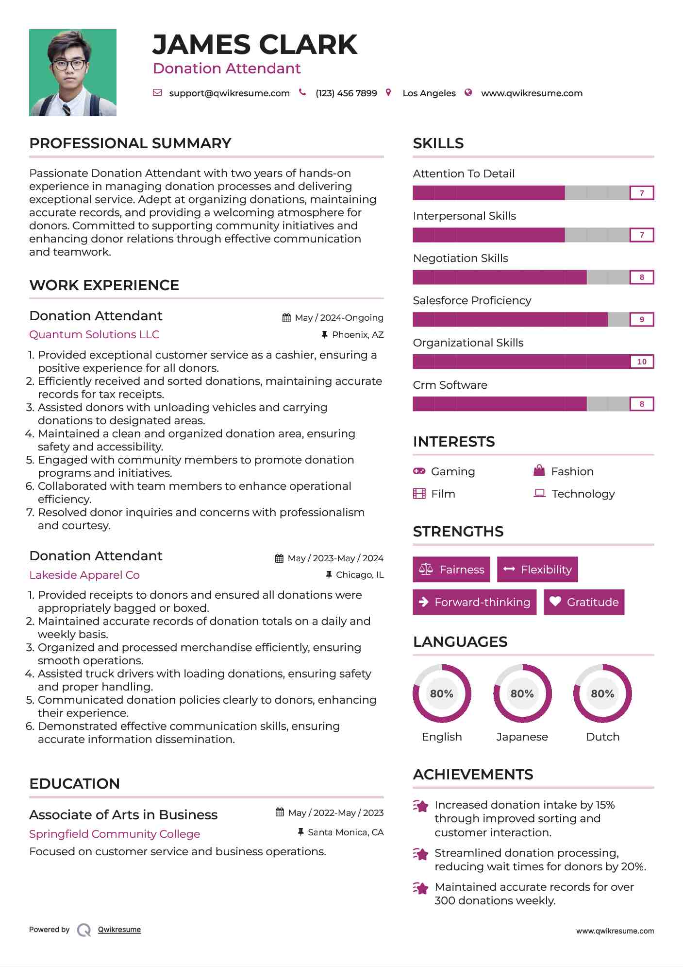 Donation Attendant Resume Model