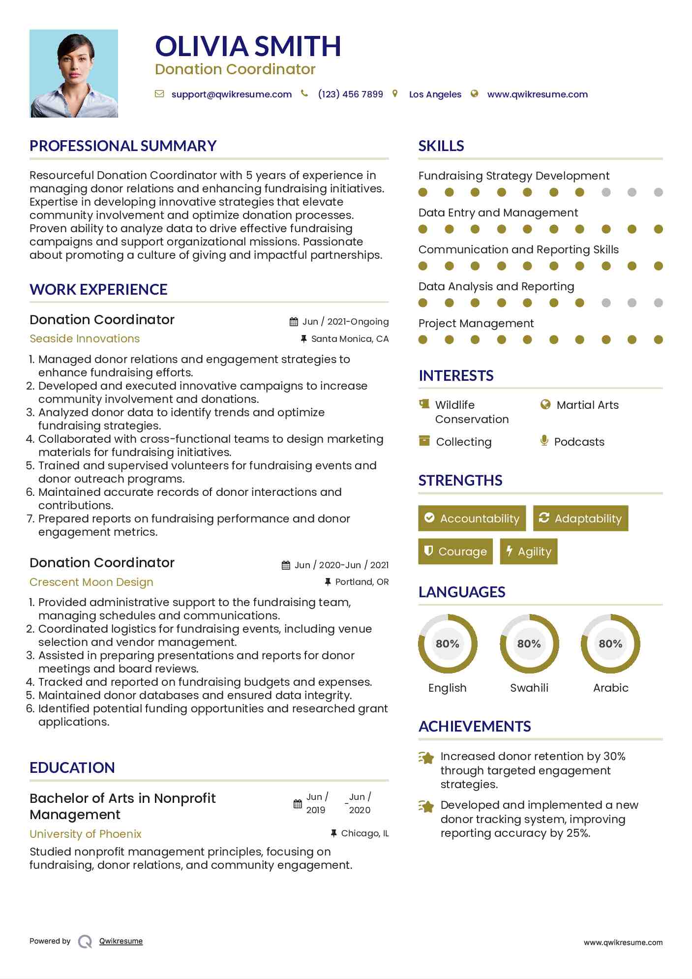 Donation Coordinator Resume Example