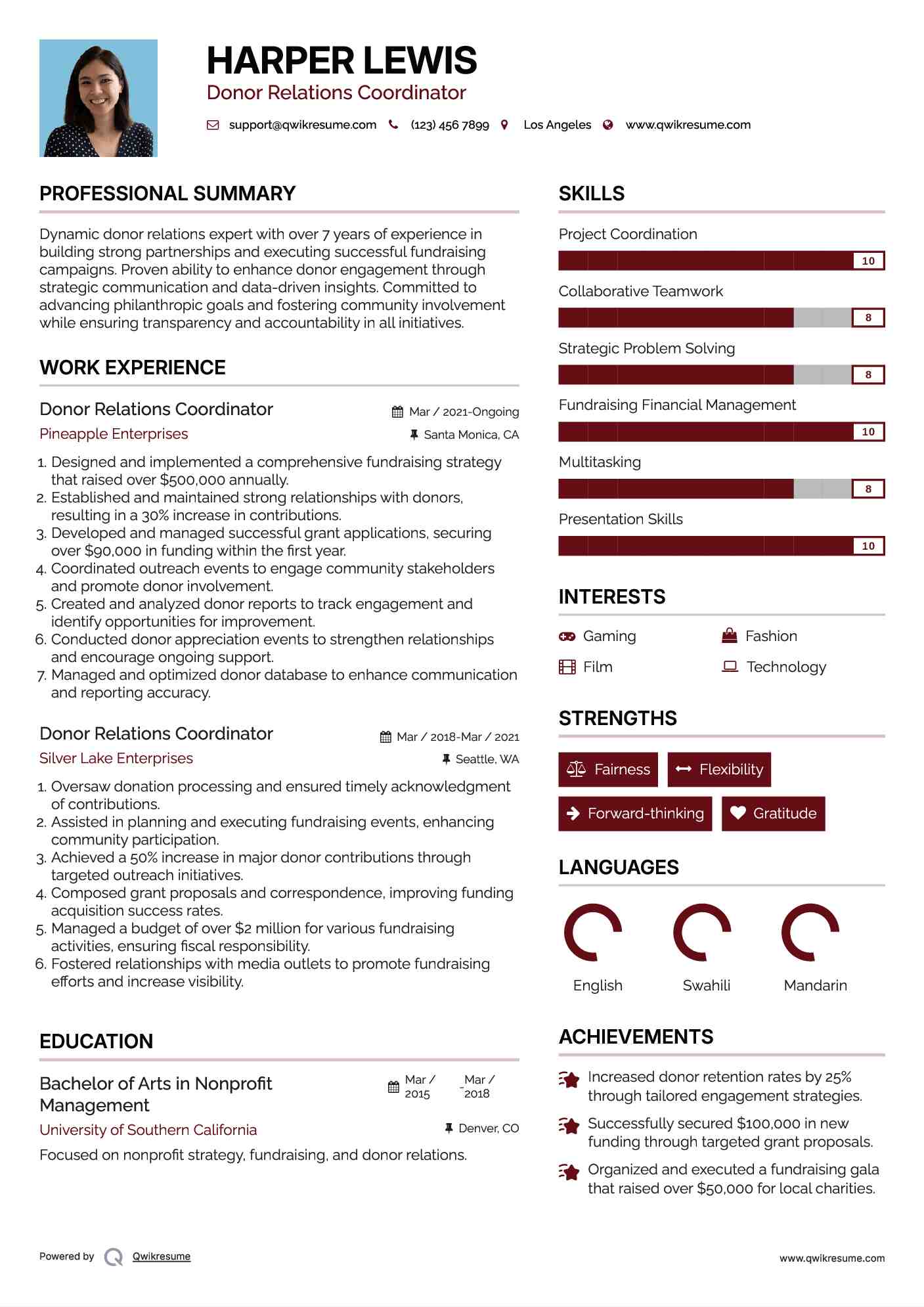 Donor Relations Coordinator Resume Example