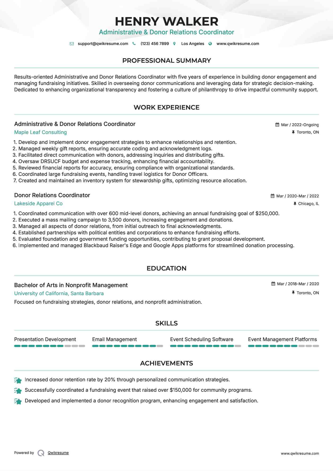 Administrative & Donor Relations Coordinator
 Resume Format