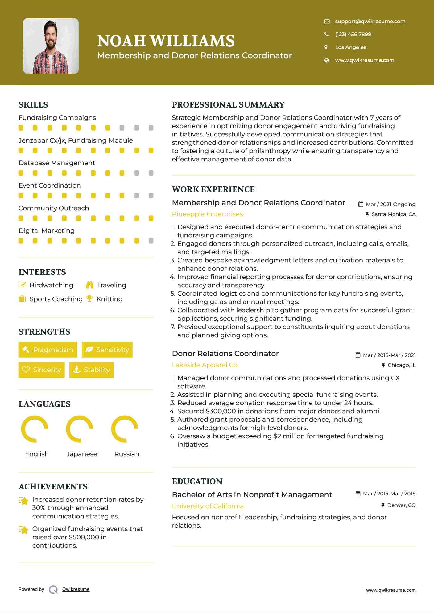 Membership and Donor Relations Coordinator
 Resume Sample