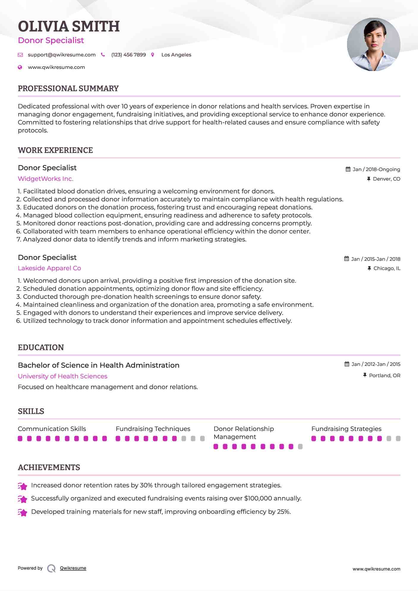Donor Specialist Resume Model