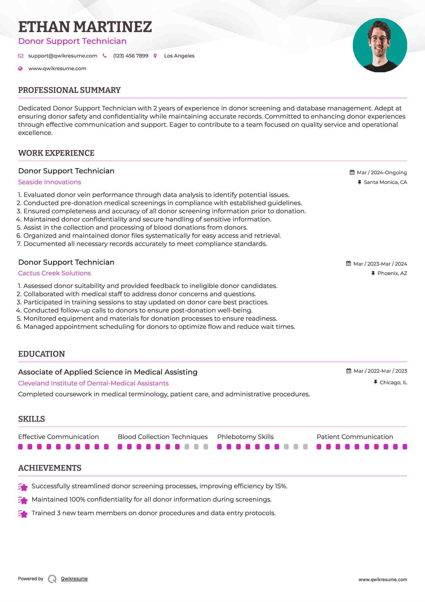 Donor Support Technician Resume Format
