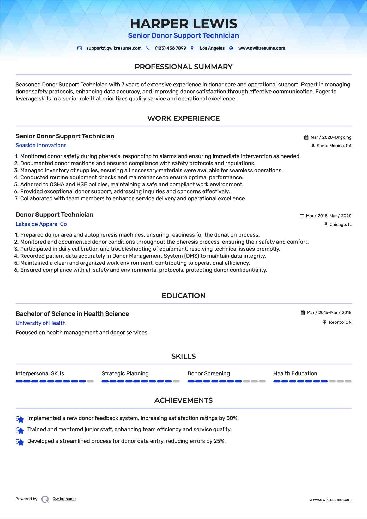 Senior Donor Support Technician Resume Sample
